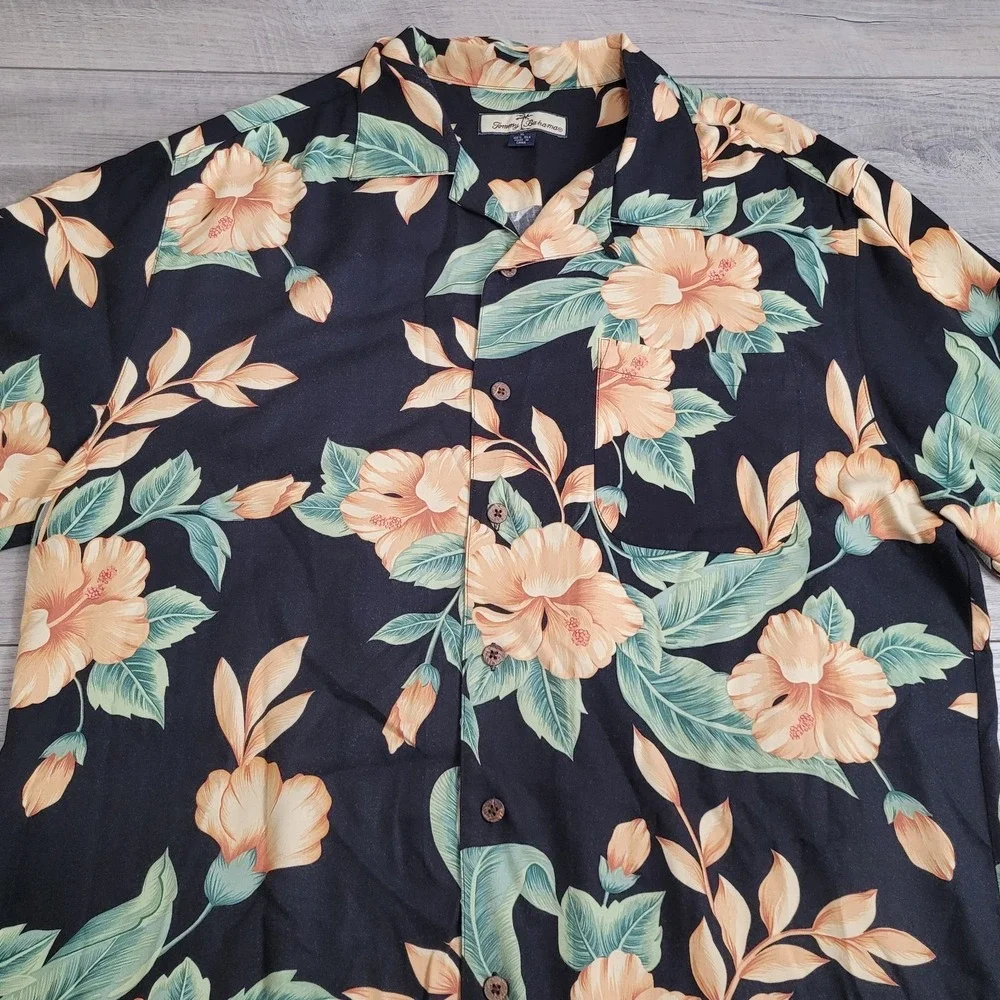 🌴 Tommy Bahama Hawaiian Shirt Mens XL Black Floral Camp 100% Silk Aloha Resort
